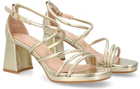 shoes&blues.es 95305 Sandalia de Tacon con Diseno de Tiras Finas y Talon Cerrado. Comodos con Plataforma, Ideal para Ocasiones Especiales. Oro Talla 37