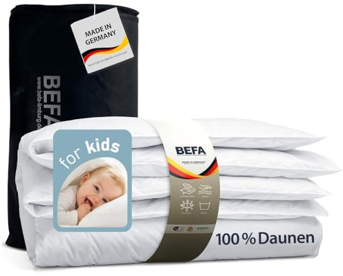 BEFA NATUR Barnfilt 100 x 135 cm lätt | 250 g fyllvikt | 100 % rent dun | lämplig för allergiker (NOMITE) | DOWNPASS | Oeko-TEX klass 1 | Tillverkad i Tyskland