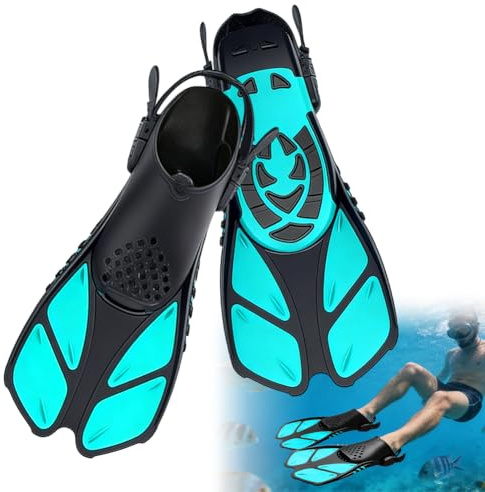Flossen Verstellbare Schwimmflossen Kurz für Erwachsene & Kinder, Reisegröße Schnorchelflossen & Taucherflossen, Kompakt & Bequem mit Offener Ferse (Cyan, 23-26.5CM)
