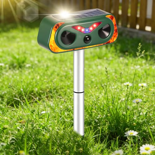 Repelente de gatos para jardines, disuasorio ultrasónico solar con detección de sensor PIR, carga USB, repelente de animales impermeable para gatos, pájaros, palomas para jardín (PEL-25-OA)