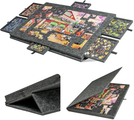 Lutande pusselbräda, 2-i-1 designat stativ och skydd, lätt filt pussel förvaringsbord med 6 sorteringslådor, pusselbord, 1 000 stycken bärbar pussel matta platå (77 x 53,6 x 4,2 cm) (mörkgrå)
