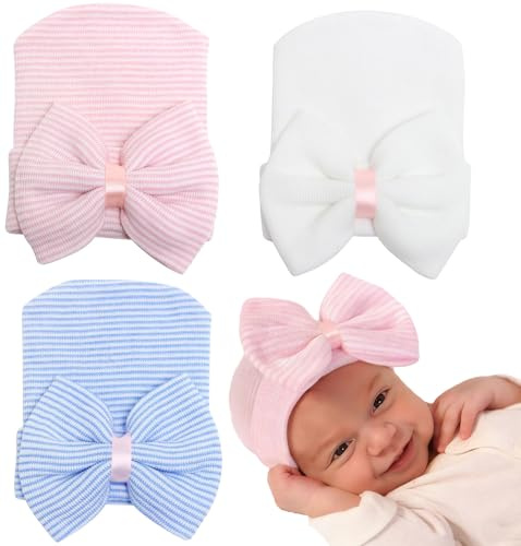 Malaxlx Neugeborenen Mütze 3er Set Weiche Baumwolle Baby Beanie Erstlingsmütze 0‑3 Monate mit Schleife