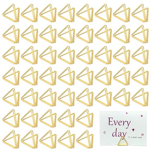 JNYUTEEN 50 Piezas Portanúmeros de Mesa, Soporte Metálico para Tarjetas Dorado, Mini Porta Tarjetas Triangulares de Metal para Fotos Menús Nombres Bodas Aniversarios y Fiestas