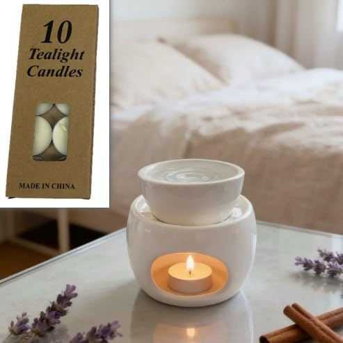 Quemador de Aceite Esencial de Cerámica, Lámpara Aromática para Aceites Esenciales, Elegante Difusor de Fragancias con 10 Velas de Té para Conciliar el Sueño, Relajarse y Meditar, Blanco