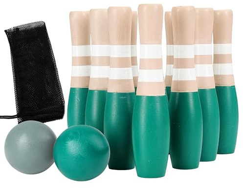 Sterling Sports Wooden Lawn Bowling 9 Skittles Set with Carrying Mesh Bag for Indoors and Outdoors - 10 Wooden Pins and 2 Balls, Green/Turquoise and Gray