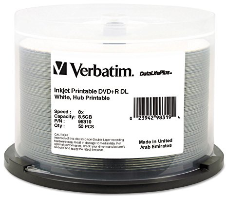 Verbatim DVD+R DL 8.5GB 8X DataLifePlus White Inkjet Printable, Hub Printable - 50pk Spindle