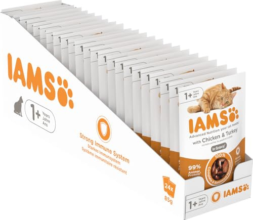 IAMS Delights Cibo umido per gatti con pollo e tacchino in salsa - cibo umido completo per gatti adulti, 24 x 85g buste