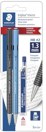 STAEDTLER Triplus Micro Mechanical Pencils, 1.3mm #2 Lead with Twist Eraser, Ergonomic Triangular Grip, Includes 6 Refills, Break-Resistant Lead, 2-Pack