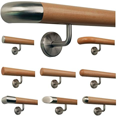 TIBU Buche Geländer Handlauf Treppe Holz Griff gew. Edelstahlhalter, Länge 30 - 500 cm aus einem Stück / Variante:50 cm mit 2 Halter Edelstahlbogen