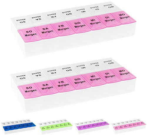 2x WELLGRO® Tablettenbox für 7 Tage - je 2 Fächer pro Tag, 18,5 x 9,5 x 3,5 cm (LxBxH) - Farbe wählbar, Farbe:Rosa