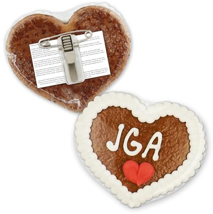 Lebkuchenherz liebevoll gebacken mit Anstecker und Spruch JGA, 8 cm | LEBKUCHEN WELT Lebkuchen Herz Anstecker | JGA Buttons & Anstecker | Ideen JGA Party | Lebkuchenherzen – Geschenkidee, Kirmes