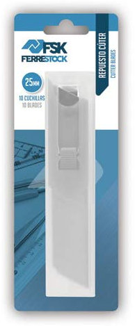Ferrestock FSKTWR025B blíster con dispensador de 10 cuchillas de recambio para cúter de 25mm, afilado de precisión para cortar de forma limpia y profesional cualquier material