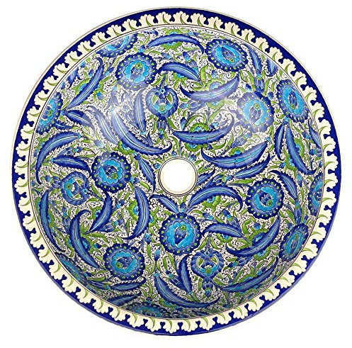 Cerames Keramik Waschbecken Iznik aus Kuthaya Aktan - Türkische einbauwaschbecken für Badezimmer, Toiletten, Gäste WC, Ristorante und Hotel | Türkischer aufsatzwaschbecken rund 48 x 13 cm