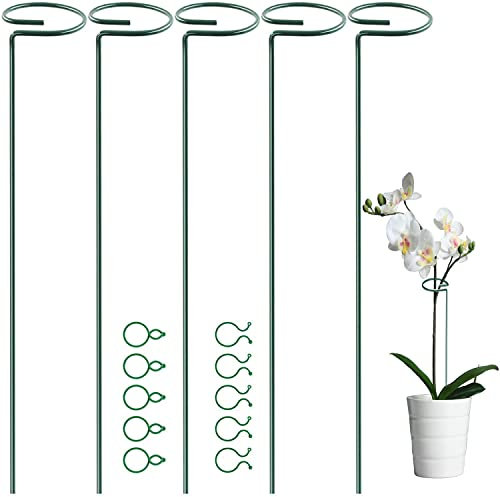 OMATSBEH 5 Pack 60 cm 23.5 inch Plant Support Stakes, Garden Single Stem Stake Amaryllis Cage Rings with 10 pcs Clips for Tomatoes Orchid Lily Peony Rose Flower (60 CM)