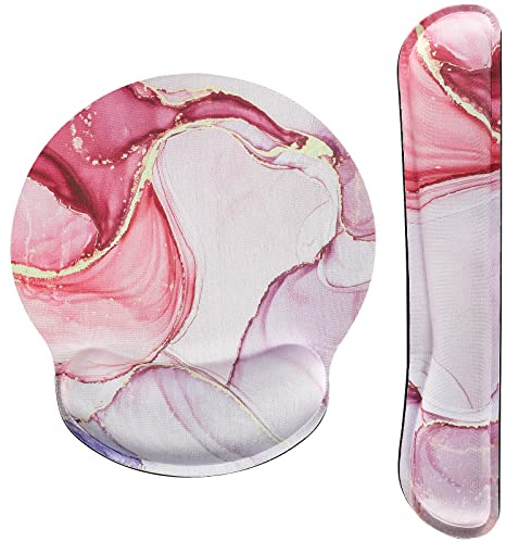 MoKo Mauspad mit Handauflage, Gelkissen Ergonomisches Tastatur Mauspad Erhöht Memory Foam Handballenauflage Tastatur, Rutschfest PU Gummi Basis Schmerzlinderung für Zuhause, Gaming, Büro - Marmor Rosa
