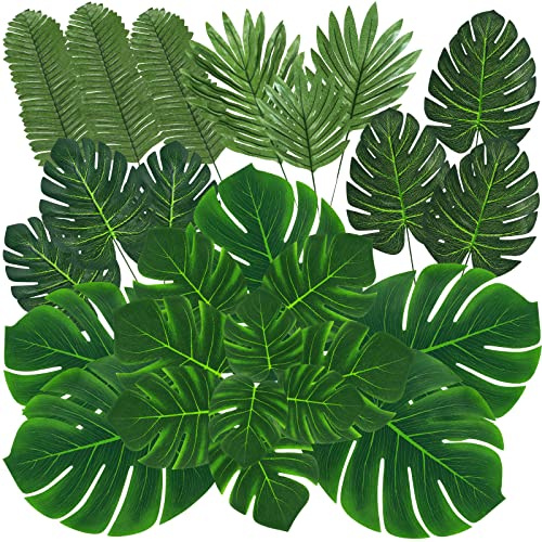 QUANQIUFEI 100 Stück 8 Arten künstliche Palmenblätter, Tropische künstliche Blätter, Monstera-Blatt, Gold und Grün, künstliche Blätter für Safari, Dschungel, Hawaii, Party, Tischdekoration (Farbe B)