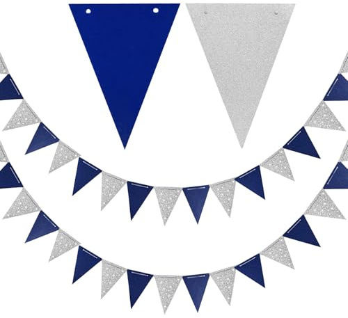 GAKA FAVOR Wimpelkette Girlande Marine Blau und Silber, 10 Meter Wimpel Dreiecksflagge Papier Banner für Party Dekorationen(30 Flaggen)