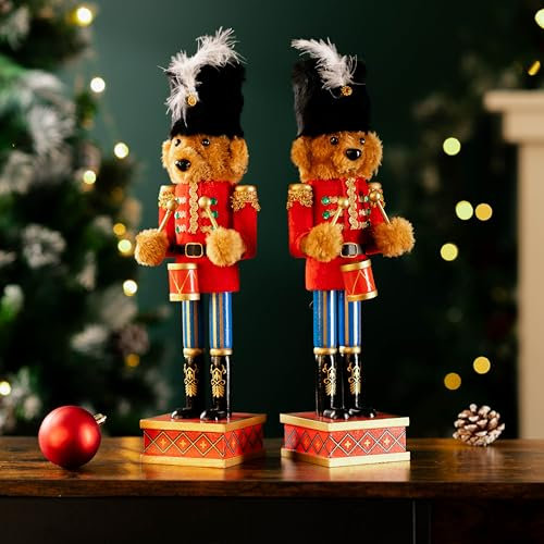 Marco Paul Pair Of 38cm Teddy Bear Nutcracker Soldier Statue Hand-painted Christmas Decor - 2x Nutcracker Ornaments For Christmas Decorations Indoor Xmas Decorations Large Wooden Nutcracker Toy