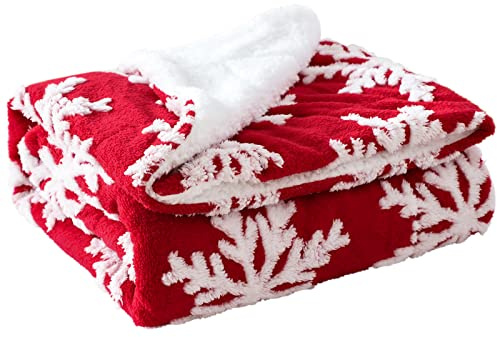 JOTOM Coperta natalizia super morbida, calda, spessa, accogliente, invernale, in peluche, per divano, letto singolo, da viaggio, 130 x 160 cm (rosso fiocco di neve)