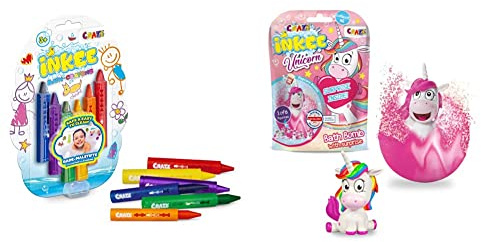 CRAZE INKEE Bath Crayons Kinder Bade Buntstifte Badewannenspielzeug Waschmalstifte 6 Stück 28667 & Spaßbad Einhorn INKEE Magische Duft Badekugel 18378, bunt