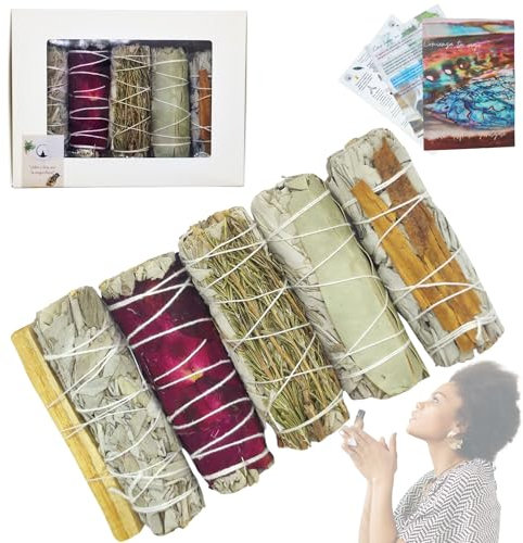 Weißer Salbei für reines Brennen – mit Palo Santo, Rosen, Zimt, Rosmarin, Eukalyptus, Energiereinigungsset, fördert das Wohlbefinden, Meditation und Entspannung, natürliches Räucherwerk, weißer Salbei