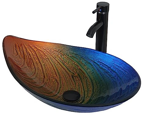 YU YUSING Lavabo Sobre Encimera con Grifo, Lavabo Baño de Cristal 56x34x17 cm, Lavabos de Lujo para Baño, Cocina, Aseo de Invitados, Tocador, Moderno Multicolor, con Forma de Concha