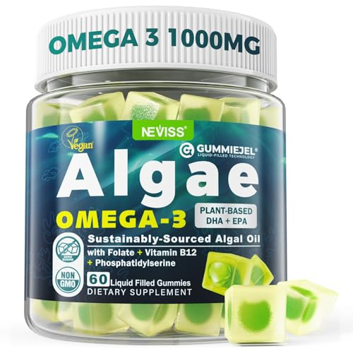 Vegan Omega-3 Gummies for Adults, Fish Oil Alternative from Algae Oil, Plant Based DHA 460mg & EPA 230mg Plus MethylFolate, Vitamin B12, Phosphatidylserine, No Fishy Taste, Vegan, Sugar Free, 60 Cts