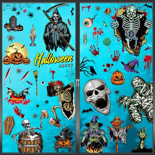 Halloween Deko Fensteraufkleber 9 Blätter 63pcs Halloween Fensterbilder Sticker mit Narben Tattoo, Kürbis Schädel Hexe Fledermaus Aufkleber Selbstklebende Abnehmbare Fensterdeko für Party Dekoration
