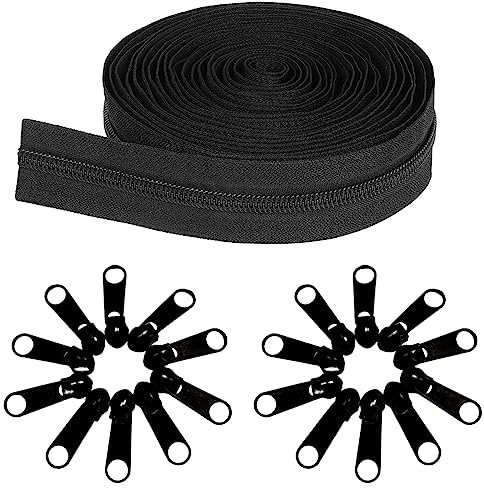 Amykite Endless Zip with Zip, Black, 5 mm, 10 m Zip, Sold by the Metre with 20 Metal Sliders, #3 Nylon Zip, Endless, for Bags, Clothes, Bed Linen, Pillows, etc.