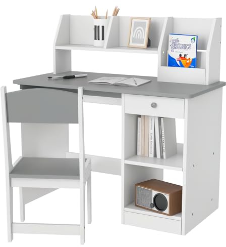 ZONEKIZ Kids Desk and Chair Set with Storage for Ages 5-8 Years Grey