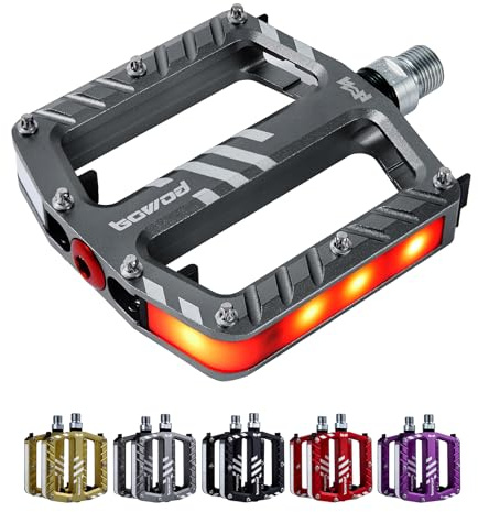 BOWOD Clipless Mountainbike-Pedale mit USB wiederaufladbaren LED-Lichtern, wasserdicht, CNC-Aluminium, flache MTB-Fahrradpedale mit 9/16 Zoll Cr-Mo Legierung Spindel, 3 versiegelte Kugellager für
