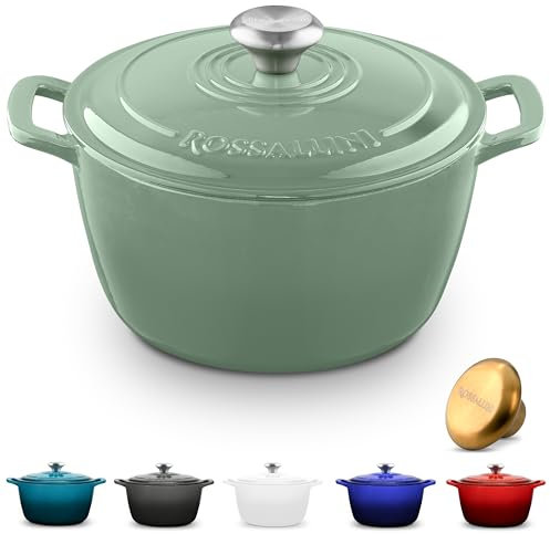 ROSSALLINI Signature Horno holandés de hierro fundido esmaltado, olla antiadherente con tapa ajustada para asar, hornear, saltear y hacer pan perfectos | 4.5Q (4.2L) - Salvia