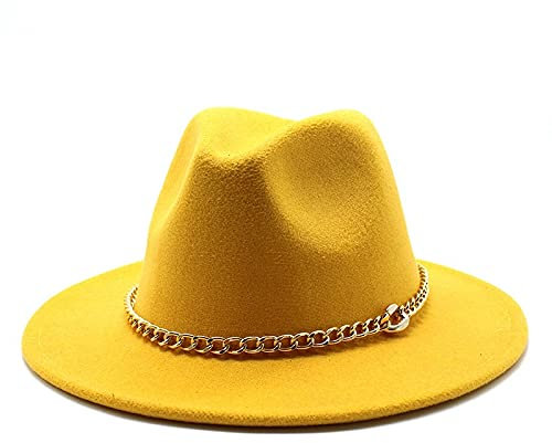 NOAMED Fengyan Hut Herbst Winter Warm Triby Filzhüte Frauen Wolle Fedora Hut Herren Mode Breite Krempe Top Jazz Hut mit Metallkette, gelb, 6 7/8-7 1/8