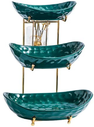 3 Tier Fruit Bowl - Countertop Ceramics Fruit Basket - Fruit Bowls Vintage Style with Metal Bracket And Fruit Fork for Sushi, Dessert, Fruit, Vegetables, Appetizer, Cake, Candy, Chip Dip,White (Green