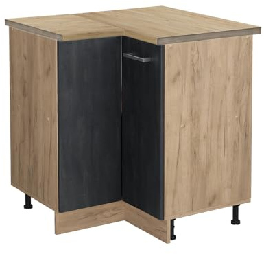 Vicco Eckunterschrank R-Line, Schwarz Beton, 75.6 cm AP Eiche, zur freien Kombination innerhalb modularer Küchensysteme