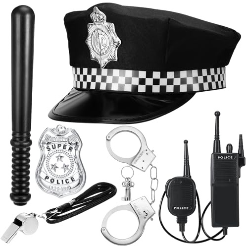 Lvefyti 6 Stück Polizei Kostüm Zubehör, Polizei Kostüm Set mit Polizeimütze Walkie Talkies Handschellen Abzeichen Baton Pfeife für Kinder Damen Herren Cosplay Karneval Halloween Party Kostüm