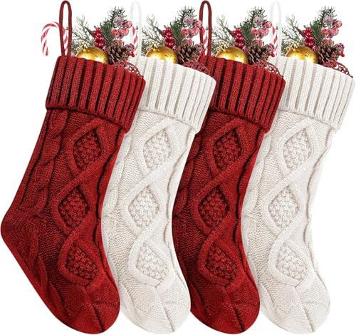 Fesciory Weihnachtsstrümpfe, 45,7 cm, Zopfstrick, große Größe, Weihnachtsstrumpf, Geschenke und Dekorationen für Familienurlaub, Weihnachtsfeier, Khaki und Weiß, 45,7 cm