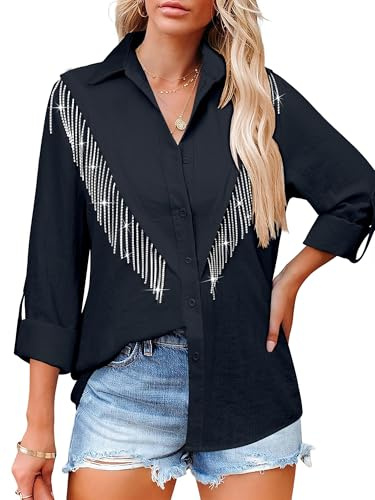 MYMORE Womens Rhinestone Fringe Button Up Chambray Denim Shirt Rolled 3/4 Sleeve Sparkly Top Country Western Cowgirl Outfit, B_navy Blue, XL