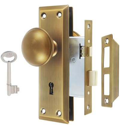 ToPToToo Mortise Lock Set for Interior Door, Vintage Antique Door Knobs with Lock and Skeleton Key, Old Door Knob Replacement Fits 1-3/8 in 1-3/4 in, Antique Brass Finish