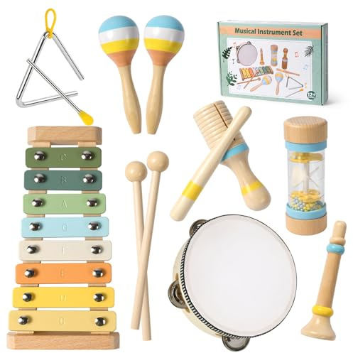 Vicloon Instrument de Musique pour Tout-Petits, Musique Batteries et Percussions Jouet Montessori avec Xylophone Trompette Tambour Maracas, Jouet Musique en Bois Cadeau Anniversaire pour Enfant 3+