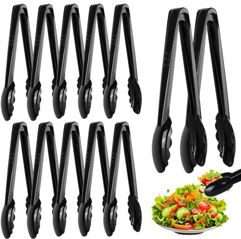 Mwellewm 12 Pc Serving Tongs 9 Inch Bulk Reusable or Disposable Plastic Tongs Heavy Duty Hard Plastic Serving Utensils Set Large Salad Tong for Kitchen Party Food Buffet Appetizer Catering(Black）