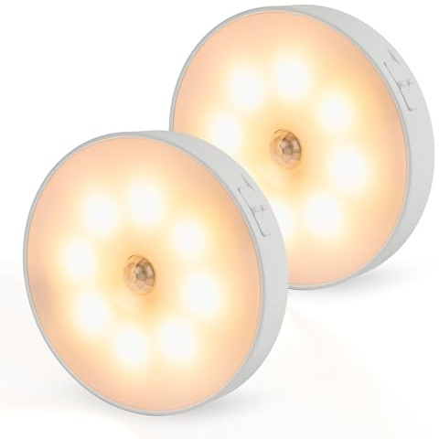 Brendz Rundes LED Schranklicht mit Bewegungsmelder, USB-C Wiederaufladbar, Magnetisch, 2 Stück, Warmweiß 3000K, Kabellose Schrankbeleuchtung, Sensor Licht, Treppenbeleuchtung