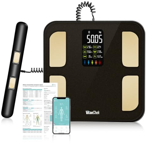 Bilance intelligenti per grasso corporeo VitaeChek - Bilancia connessa Bluetooth 8 elettrodi - Alta precisione con app inclusa - 18 parametri sanitari - BMI, monitoraggio della massa muscolare e ossea