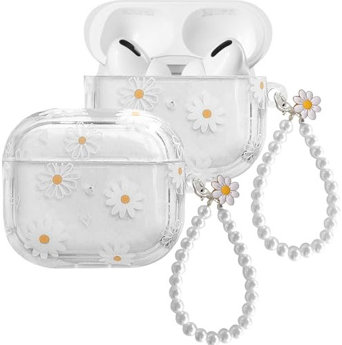 ECZOIL Cute Case Compatible with AirPods Pro 2nd/1st Generation, Cute Daisy Flower Soft Clear TPU Headphone Protective Case with White Flowers Keychain-White Daisy