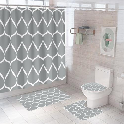 Badezimmerteppich Graue Geometrie Badteppich rutschfest Waschbar Badgarnitur 4 Teilig – Badematte Set Mit Wc-Vorleger Und Badematte,Teppich Badezimmer Für Sicherheit Und Komfort Im Bad 50×80Cm
