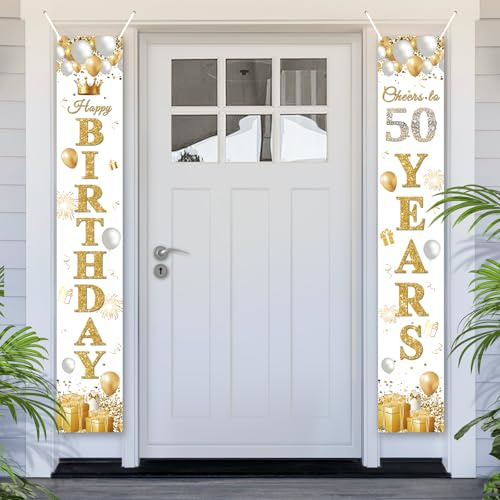 PartyYaa 50. Geburtstagsbanner, 50. Geburtstag Tür Banner Deko, Happy Birthday Banner Party Fotoautomaten Hintergrund Deko Schild Poster für Männer und Frauen (Weiß Gold)