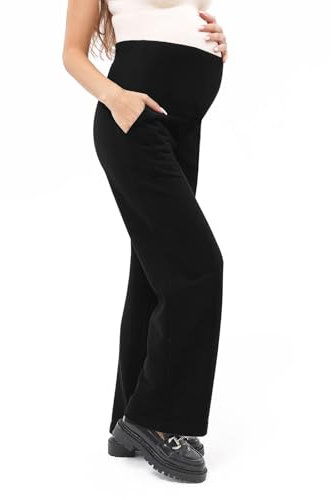 BIOECEUA Women Maternity Flared Leggings Over Bump, High Waisted Soft Stretch Belly Support Pregnancy Trousers with Pockets, Wide Leg Bootcut Yoga Pants for Gym Yoga Workout Casual Black