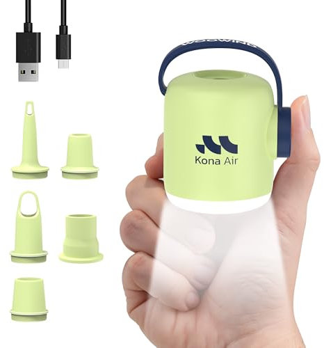 Woowind Kona Air Mattress Pump – Cordless, Rechargeable 2000mAh Battery – 200L/Min Airflow – Inflates & Deflates Air Bed, Pool Float, Tent, with 10-Hour LED Light, Ultra-Portable Palm-Size (V05 Green)