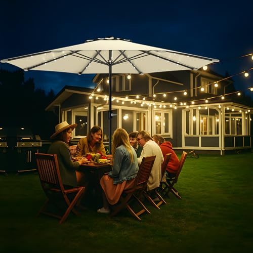 3.5M Strandschirm mit LED Solar,Sonnenschirm,Marktschirm mit Kurbel,Sonnenschutz,UPF 50+,Wasserdicht Gartenschirm,Balkonschirm,Terrassenschirm,Kurbelschirm für Terrasse,Balkon,Pool,Ohne Ständer,Weiß