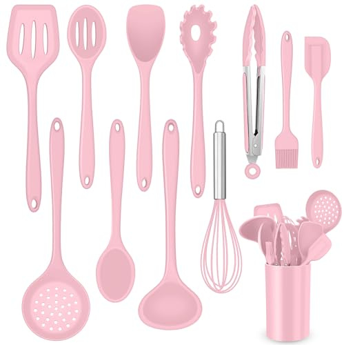 Küchenhelfer Set, Onader 12 teiligs Silikon Kochutensilien Kochbesteck Set, Antihaft Hitzebeständiger Kochgeschirr Küchenutensilien Set mit Utensilienhalter, Spülmaschinengeeignet - Rosa